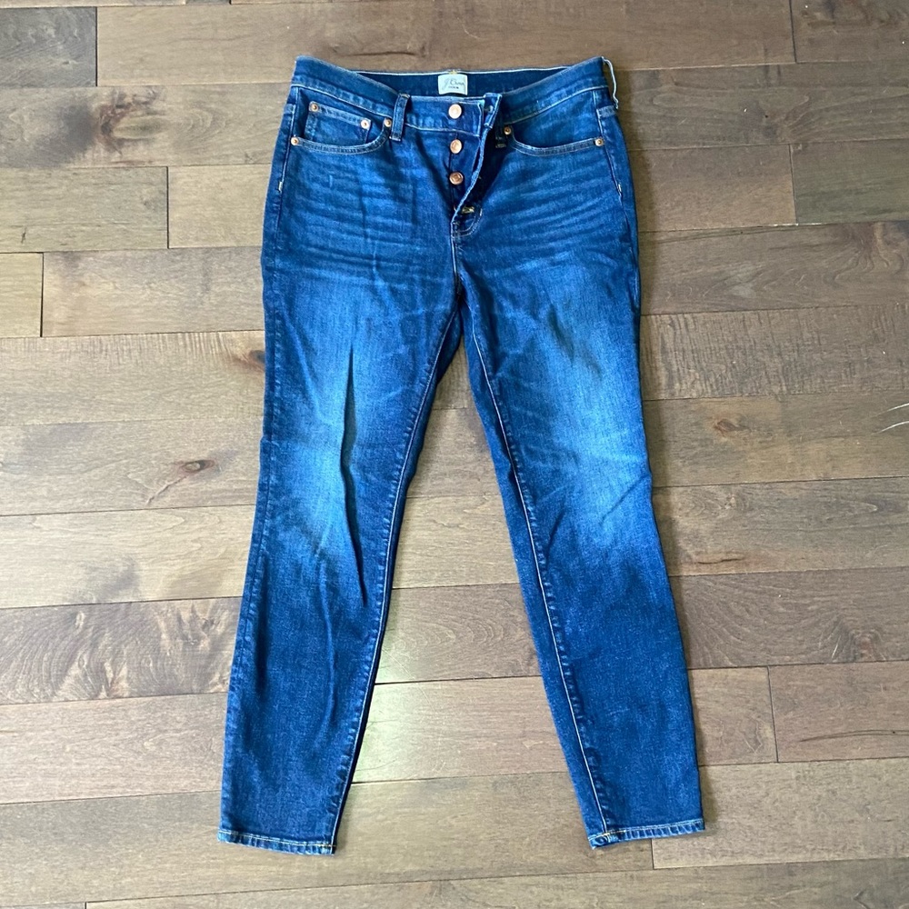 J Crew 9” high rise Toothpick jeans with button fly, size 29